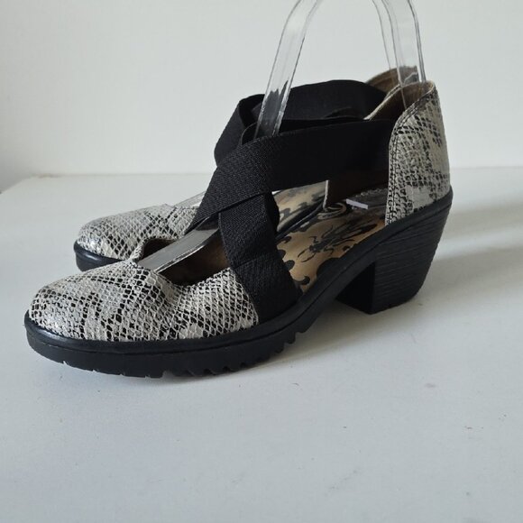 FLY LONDON | Wodi Pumps Wedges Snakeskin Criss Cross Black Gray Sz 38 - Picture 1 of 5